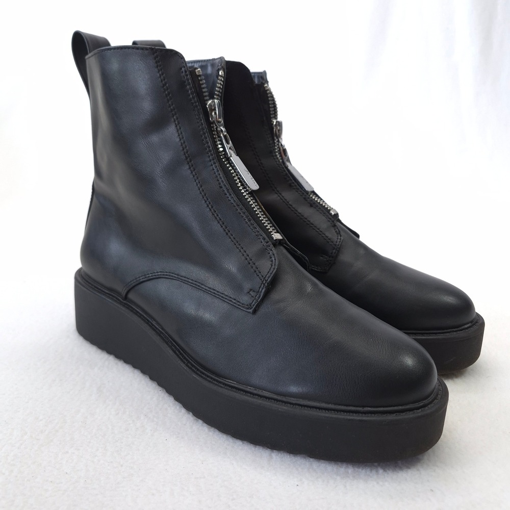 H&M Black Front Zip Platform Ankle Boots Minimalist Chunky Sole Size 8.5